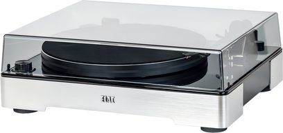 Elac Miracord 60 sort vinylpladespiller, set fra tre kvart forfra, børstet aluminiumschassi, gennemsigtigt låg, sort drejeskive