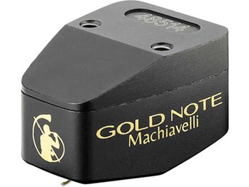 Wkładka gramofonowa Gold Note Machiavelli MkII w kolorze złotym, czarna trapezoidalna obudowa, złote napisy, widok z góry