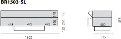 Spectral Brick BR1503-SL audio-videomøbel, teknisk diagram med dimensioner i millimeter, front- og sidevue