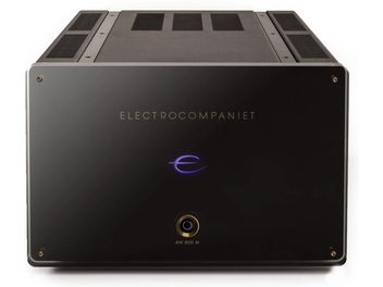 Amplificateur de puissance Electrocompaniet AW800M noir, vue de face, logo "e" bleu lumineux au centre