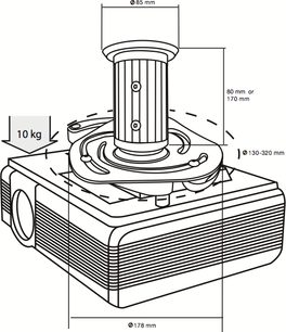 Loftmontering til videoprojektor Norstone Mount Proje-S, teknisk diagram med dimensioner i millimeter, sidevue