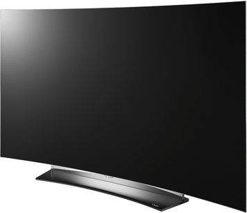 LG 65C6V-tv, fladskærm, profilvisning, buet metalfod, tynd ramme, sort skærm