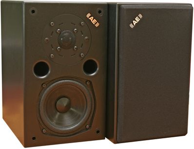 To Acoustic Energy AE1 Classic gulvhøjttalere i mørkt træ, gyldne højttalere, set forfra