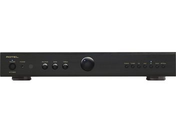 Integrert stereo hi-fi forsterker Rotel A11 MKII svart, frontvisning, sirkulære knapper, velgere, hodetelefonutgang, svart finish