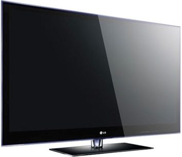 LG 60PX950N tv set set forfra, sort skærm slukket, smal mørkegrå ramme, centralt sort glasstativ
