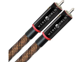 Audio kabel Wireworld Eclipse 10 RCA 1m s analogovým RCA konektorem, černými válcovými konektory, červenými kroužky, černým opleteným pláštěm a měděným vodičem