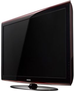 Samsung LE37A626 fladskærms-TV, sort, set forfra, med dyb rød, blank ramme langs kanterne