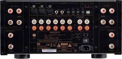 Advance Paris X-i1100 integreret stereo hi-fi-forstærker, sort frontpanel med forgyldte knapper og stik, set forfra