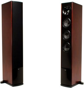 Kolumny głośnikowe Klipsch Icon WF-34 z ciemnego drewna, przedni panel z 3 czarnymi głośnikami, widok z przodu, obok siebie