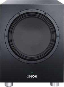 Canton Power Sub 10 S2 sort subwoofer, set forfra, stor rund højttalerenhed og sølvfarvede metalfødder