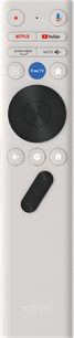 Hvid XGIMI-fjernbetjening, knapper til Netflix, YouTube, Prime Video og Free TV, stor sort cirkulær touchpad