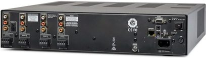 Flerkanalforstærker Anthem MDX8 sort, frontpanel med 8 indgange, knapper, porte og LCD-skærm