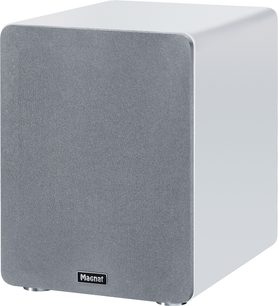 Hvid Alpha RS 8 subwoofer, set fra en vinkel, rektangulær front med gråt gitter, glatte sider, runde fødder