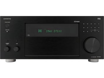 Μαύρη πρόσοψη ενισχυτή Onkyo TX-RZ70, πράσινη οθόνη "IMAX DTS+X", περιστροφικά κουμπιά, προεπιλογές, μεταλλική λαβή