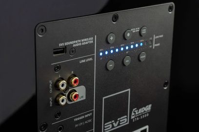 SVS SB-2000 Pro black ash subwoofer, rear view, connections and controls, blue LED indicators lit