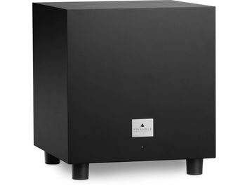 Driehoekige Tales 340 zwarte matte subwoofer, vooraanzicht, zilveren logo, kubistische vorm, zwart voorpaneel
