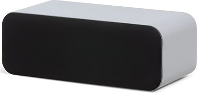 Q Acoustics 3090c center speaker, matte white rectangular cabinet with rounded corners and a large black fabric front grille, three-quarter front right view