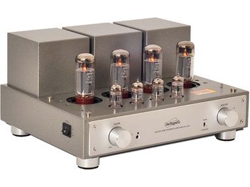 Stříbrný lampový hi-fi zesilovač Line Magnetic LM-211IA, pohled zepředu, 4 elektronky, 2 otočné knoflíky, konektory vzadu, stříbrné šasi