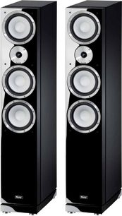 To sorte, højglans lakerede gulvhøjtalere fra Magnat, Quantum 757-modellen, set forfra med tre hvide, runde diskanthøjtalere i hver højttaler