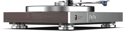 JBL TT350 pladespiller i mørkt træ, set forfra, med metaltonarm og knapper på højre side