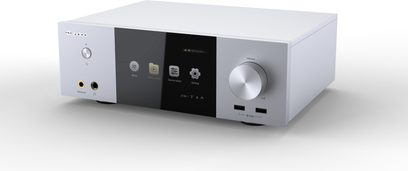 Zidoo Neo S multimedie-afspiller, frontvisning, sølvfarvet front med skærm, knapper og porte, hvid kabinet, drejeligt volumenkontrol