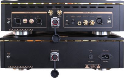 Cayin Pearl 30D juodos spalvos dvigubo metalinio korpuso DAC garso keitiklis su auksiniais apvadais, iš arti nufotografuota galinė dalis, kurioje matyti daugybė XLR, RCA, BNC, USB ir optinių jungčių bei dvi apvalios maitinimo jungtys