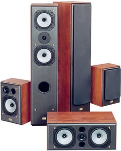 Sada reproduktorů Elipson Prestige 3 v dřevěném a černém provedení, 2 sloupové, 1 centrální, 2 regálové, pohled zepředu