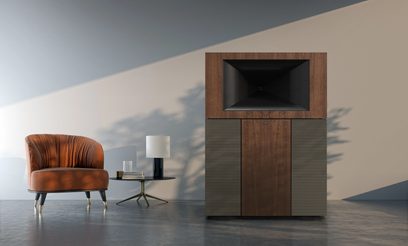 Klipsch Jubilee floorstanding speaker in walnut finish, front and side view, dark wood cabinet, black speakers, metal grille