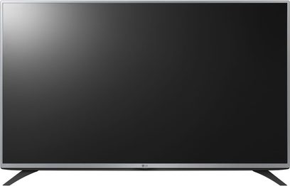 Flad, rektangulær sort LG 43LF5400 fladskærms-TV slukket, set forfra, på ensfarvet sort baggrund
