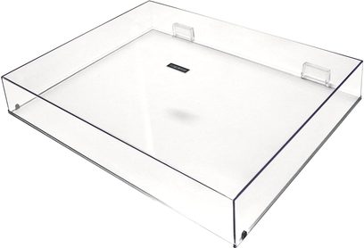 Průhledný akrylový kryt na gramofon, obdélníkového tvaru, se dvěma obdélníkovými madly po stranách