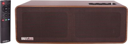 Cassa wireless Enova HIFI VELA V, vista frontale, finitura in legno, griglia anteriore nera, telecomando nero a sinistra