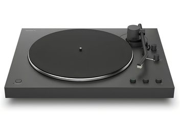 Czarny gramofon Sony PS-LX3BT z dużym okrągłym talerzem i prostym ramieniem z przyciskami sterującymi