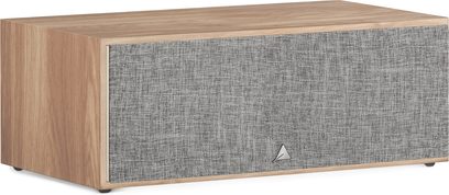 Coluna central Triangle Borea BRC1 carvalho claro vista frontal, painel frontal em tecido cinzento, logótipo Triangle
