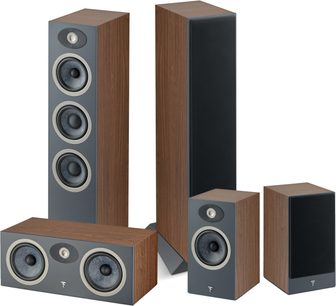 Sada sloupkových reproduktorů Focal Pack Theva N°2 ořech, 5 reproduktorů, 3 velikosti, tmavé dřevo, černé reproduktory, pohled zepředu