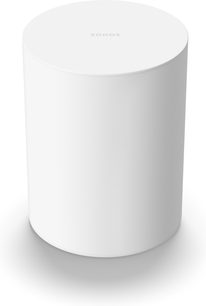 Mat beyaz Sonos Sub Mini bas hoparlörü, önden görünüm, silindirik, düz beyaz, üst kısmında kabartmalı "SONOS" logosu