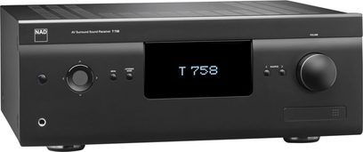 Ampli home-cinéma NAD T758 V3i graphite noir, vue de face, affichage LED "T758", boutons et prises en façade