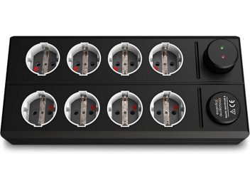 Čierna predlžovačka EAT Essential Audio Tools MM8, 8 zásuviek Schuko, 2 zásuvky IEC, červené kontrolky, obdĺžnikový kryt