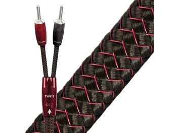 Cavo per diffusori Audioquest Type 9 (2 x 2,5m) intrecciato nero con connettori a banana rossi SureGrip, vista ravvicinata dei connettori
