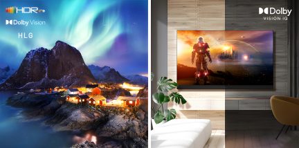 Vasen kuva: yömaisema revontulilla, vuoret, valaistut punaiset talot, HDR10+, Dolby Vision, HLG -logot. Oikea kuva: moderni olohuone, televisiossa videopeli, Dolby Vision IQ -logo.