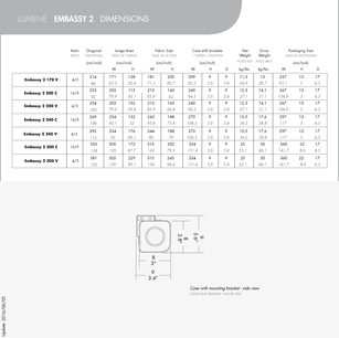 Lumene Embassy II 200C projektionsskærm, dimensionsskema og kabinettegning med monteringsbeslag, sidevisning