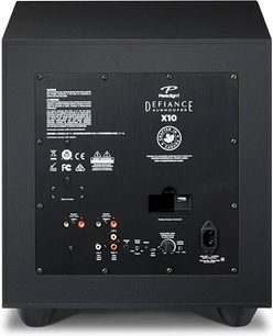 Paradigm Defiance X10 sort satineret subwoofer, frontvisning, kontrolpanel med knapper og stik