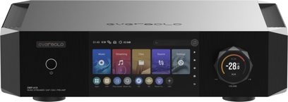 Netzwerk-Audio-Player EverSolo DMP-A10, Vorderansicht, zentrales Display mit farbigen Symbolen, runder Lautstärkeregler rechts