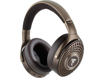 Ασύρματα ακουστικά hi-fi Bluetooth Focal Bathys MG με επενδεδυμένο στήριγμα κεφαλής, δερμάτινα καφέ μαξιλαράκια και κυκλικά διάτρητα καλύμματα