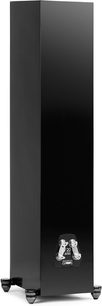 MartinLogan Motion F20 søjlehøjttaler i sort lak, set bagfra med metalforbindelser og sorte vinklede fødder