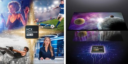 Collage de 4 images montrant des personnes, des objets technologiques et des éléments cosmiques sur fond noir et violet