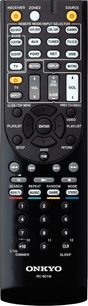 Sort Onkyo RC-801M fjernbetjening med grå og gule knapper, set forfra