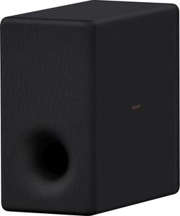 Einbau-Subwoofer Sony SA-SW3, kubische Form, schwarze Farbe, perspektivische Ansicht, Sony-Logo an der Seite sichtbar