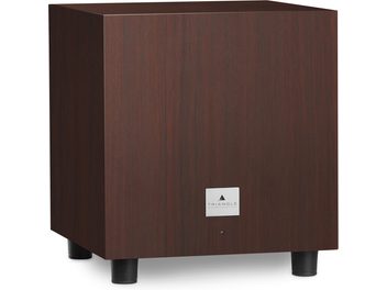 Dreieckiger Tales 340 Subwoofer aus dunklem Holz, Frontansicht, silbernes Logo, schwarze Füße, kubische Form