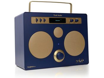 Φορητό ασύρματο ηχείο Bluetooth Tivoli SongBook Max, μπλε περίβλημα, χρυσές μεταλλικές σχάρες, λαβή, οθόνη και κουμπιά
