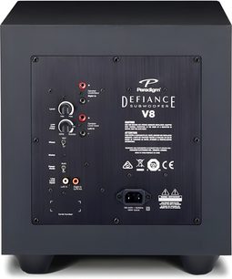 Subwoofer Paradigm Defiance V8 nero satinato, vista posteriore, connettori e regolazioni visibili
